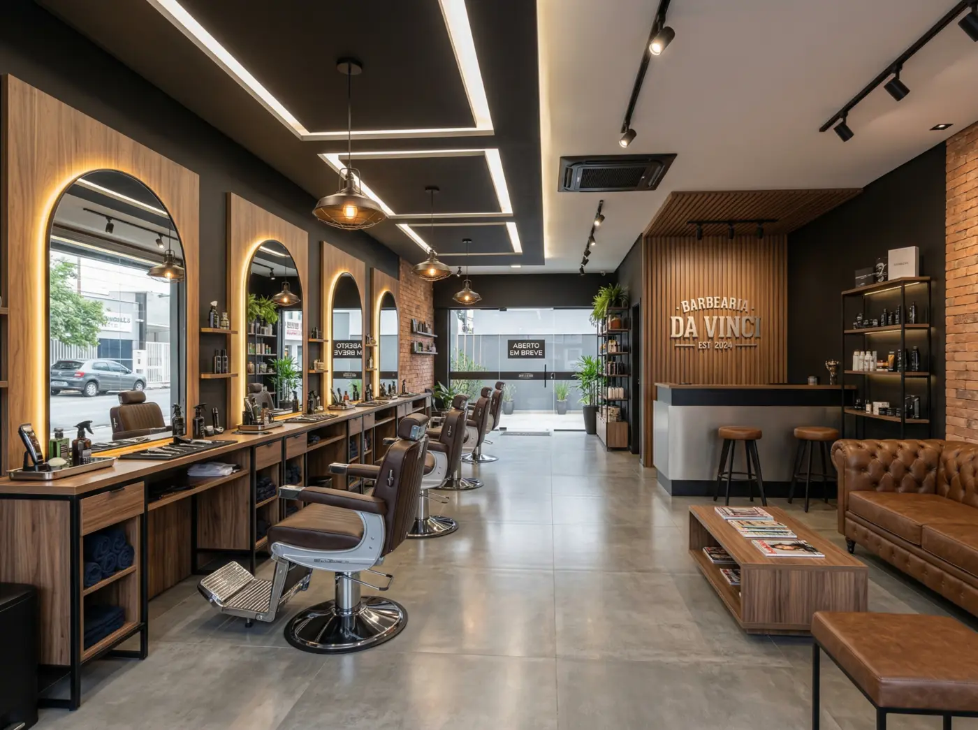 Barbearia moderna com estações de atendimento e iluminação decorativa