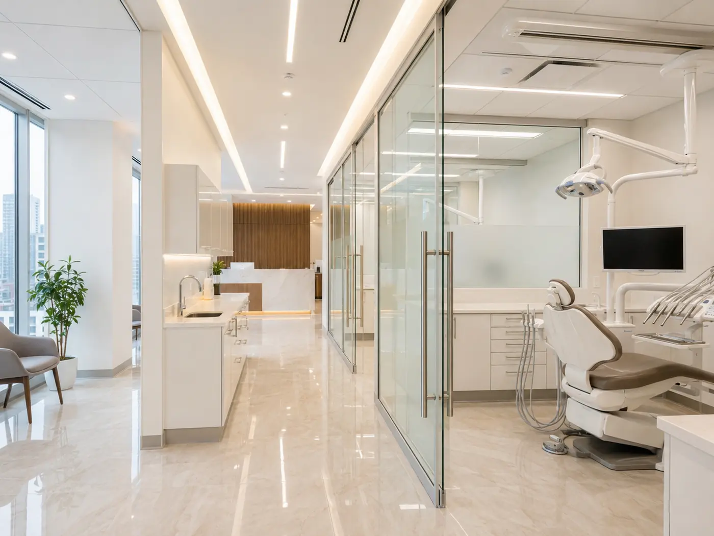 Clínica odontológica contemporânea com consultório e divisórias de vidro