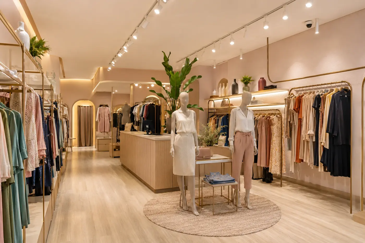 Loja contemporânea de moda feminina com manequins e araras