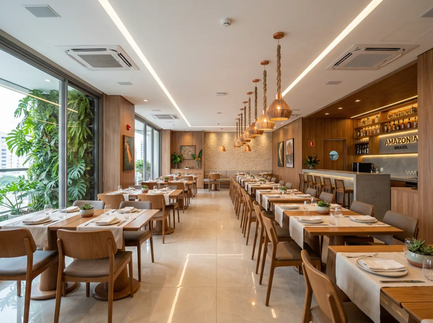 Restaurante contemporâneo com salão, bar e iluminação planejada