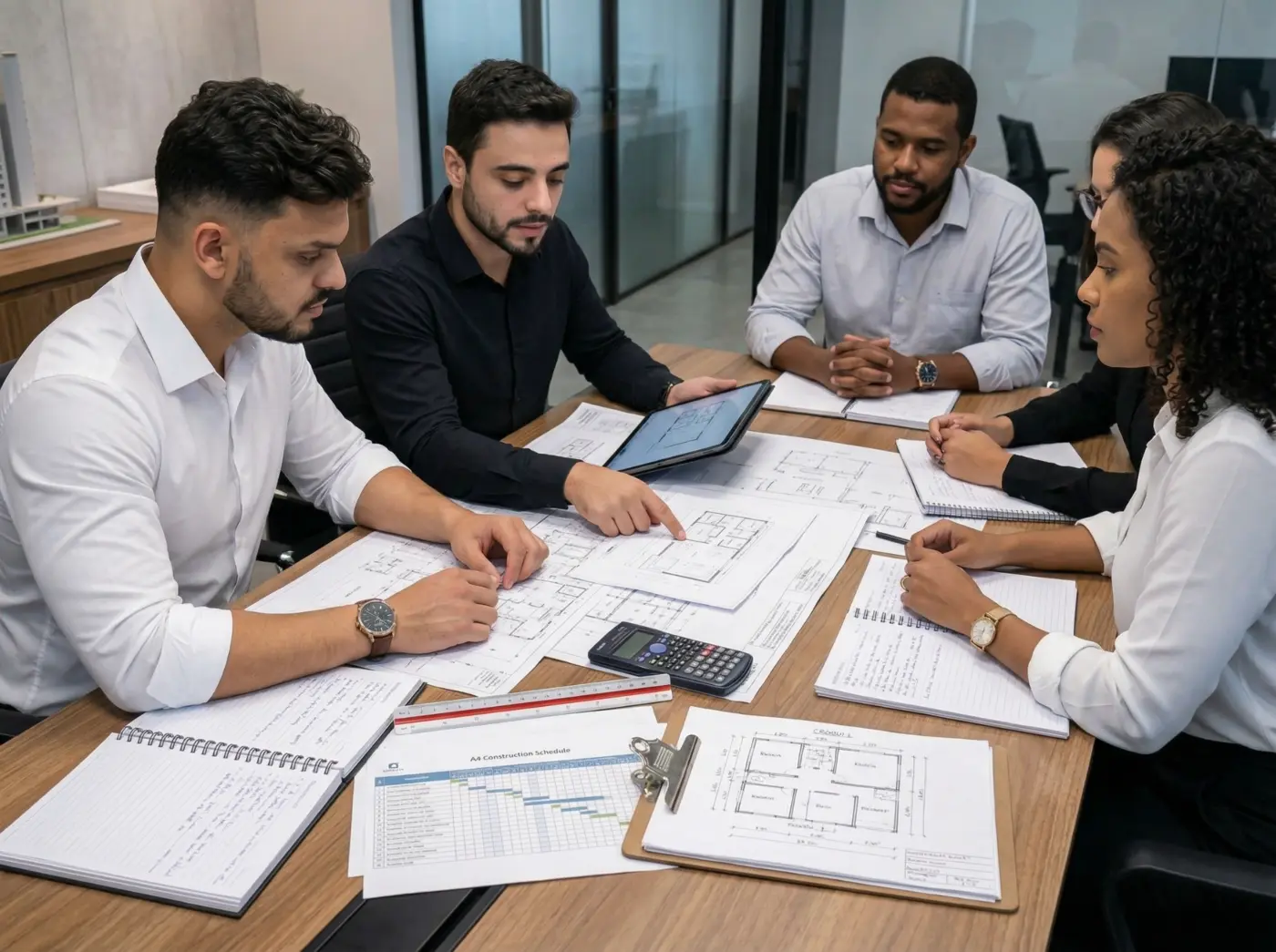 Equipe da Grota reunida para planejar uma obra comercial