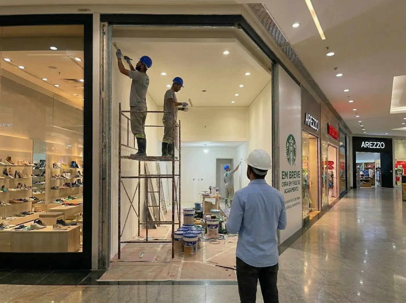 Equipe realizando acabamentos em uma loja de shopping