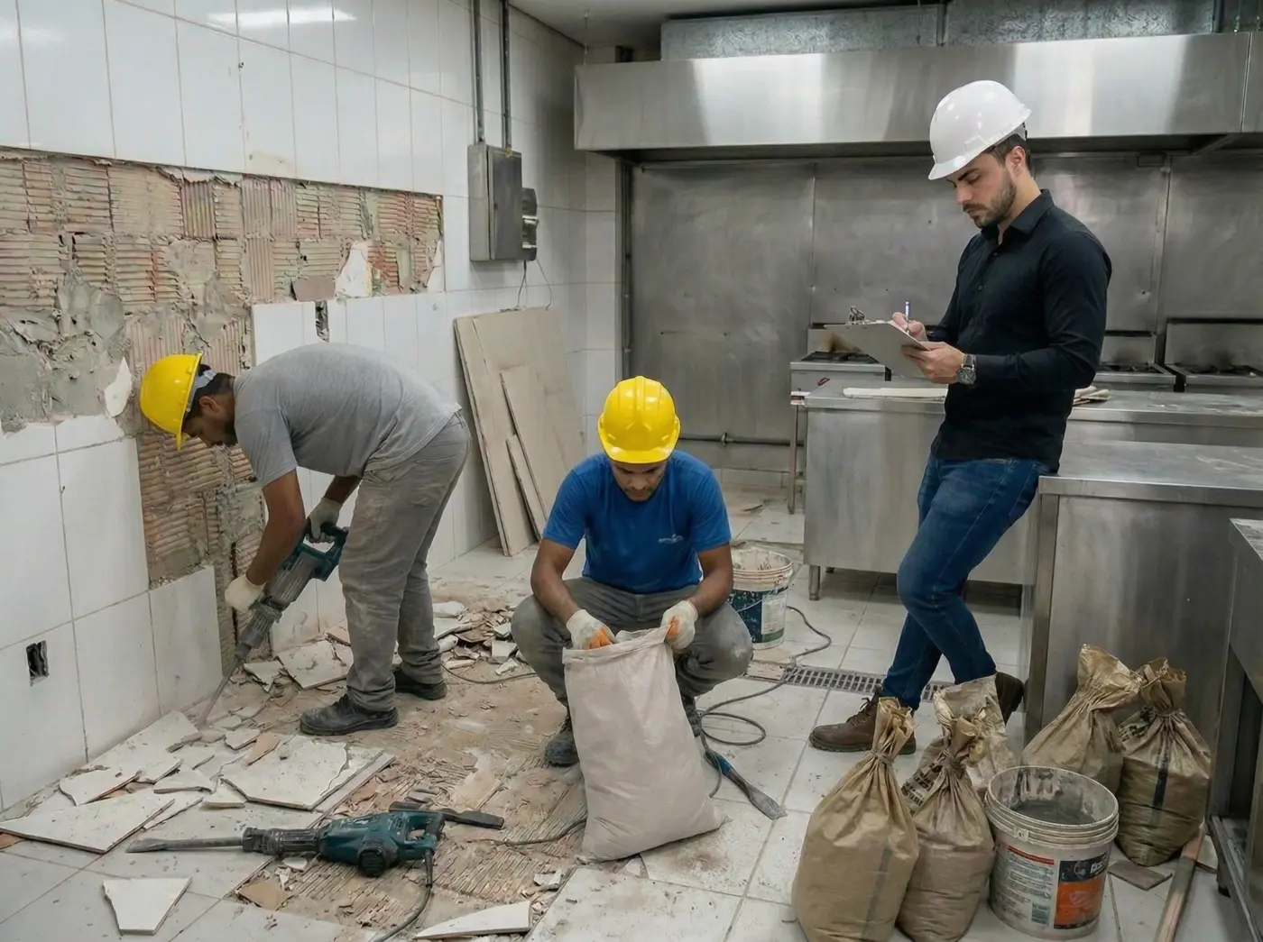 Equipe executando demolições em uma reforma comercial