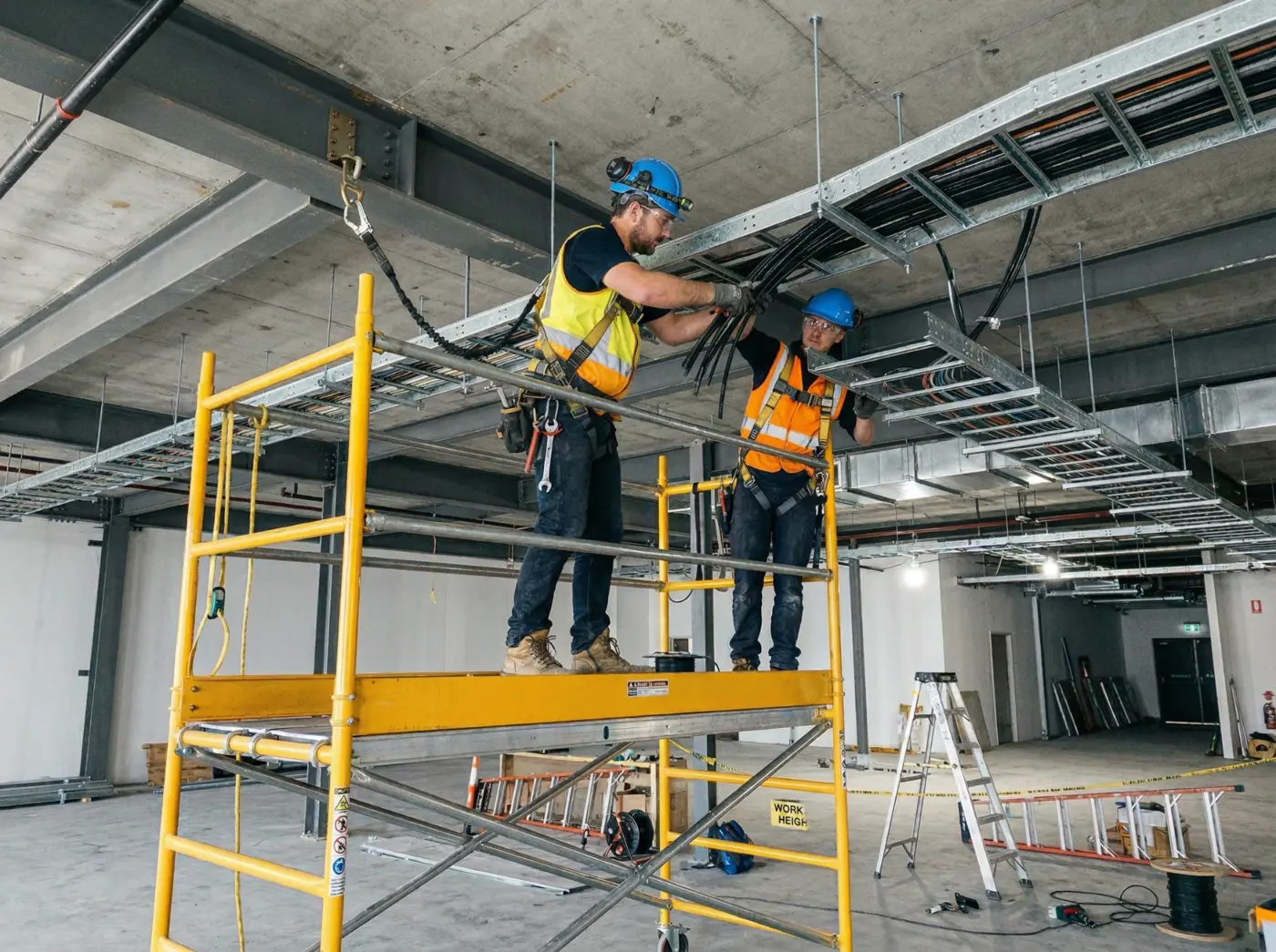 Profissionais executando instalações em uma obra comercial